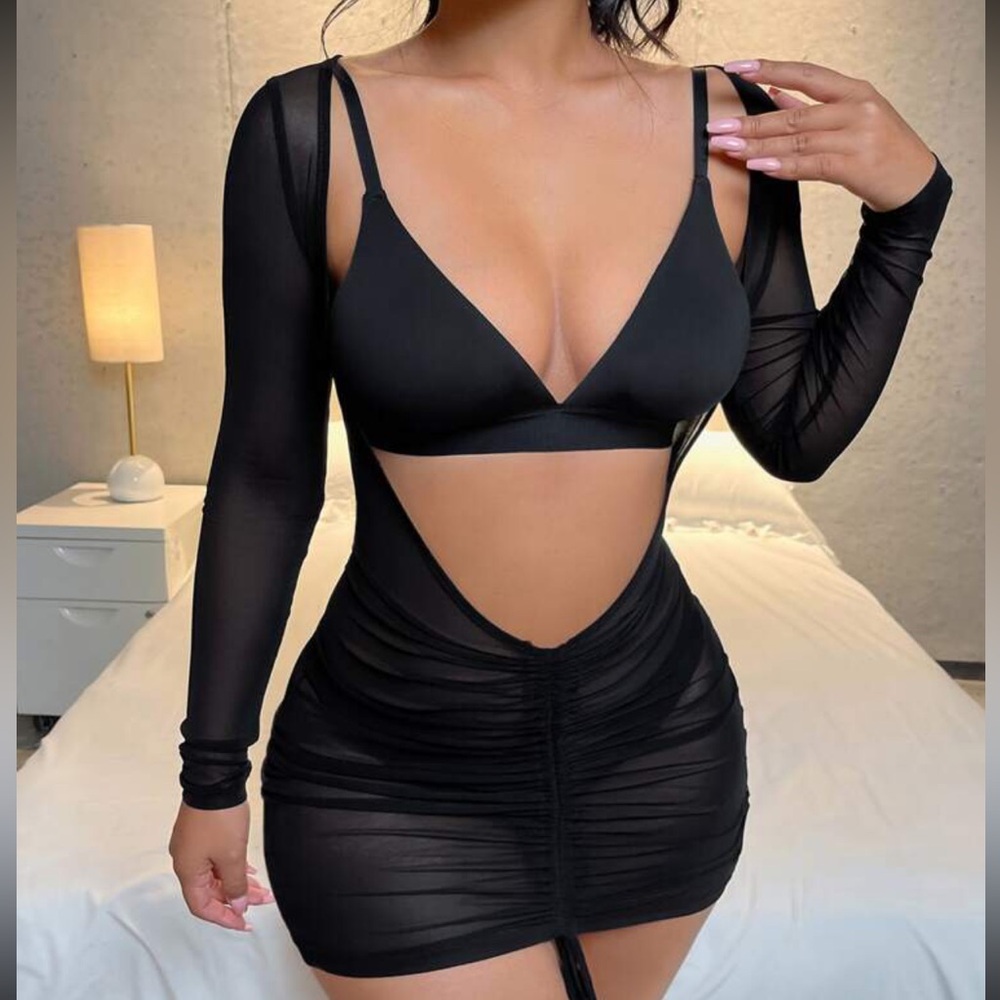 SHEIN SXY Plunging Ruched Sheer Mesh Dress Without Lingerie size large